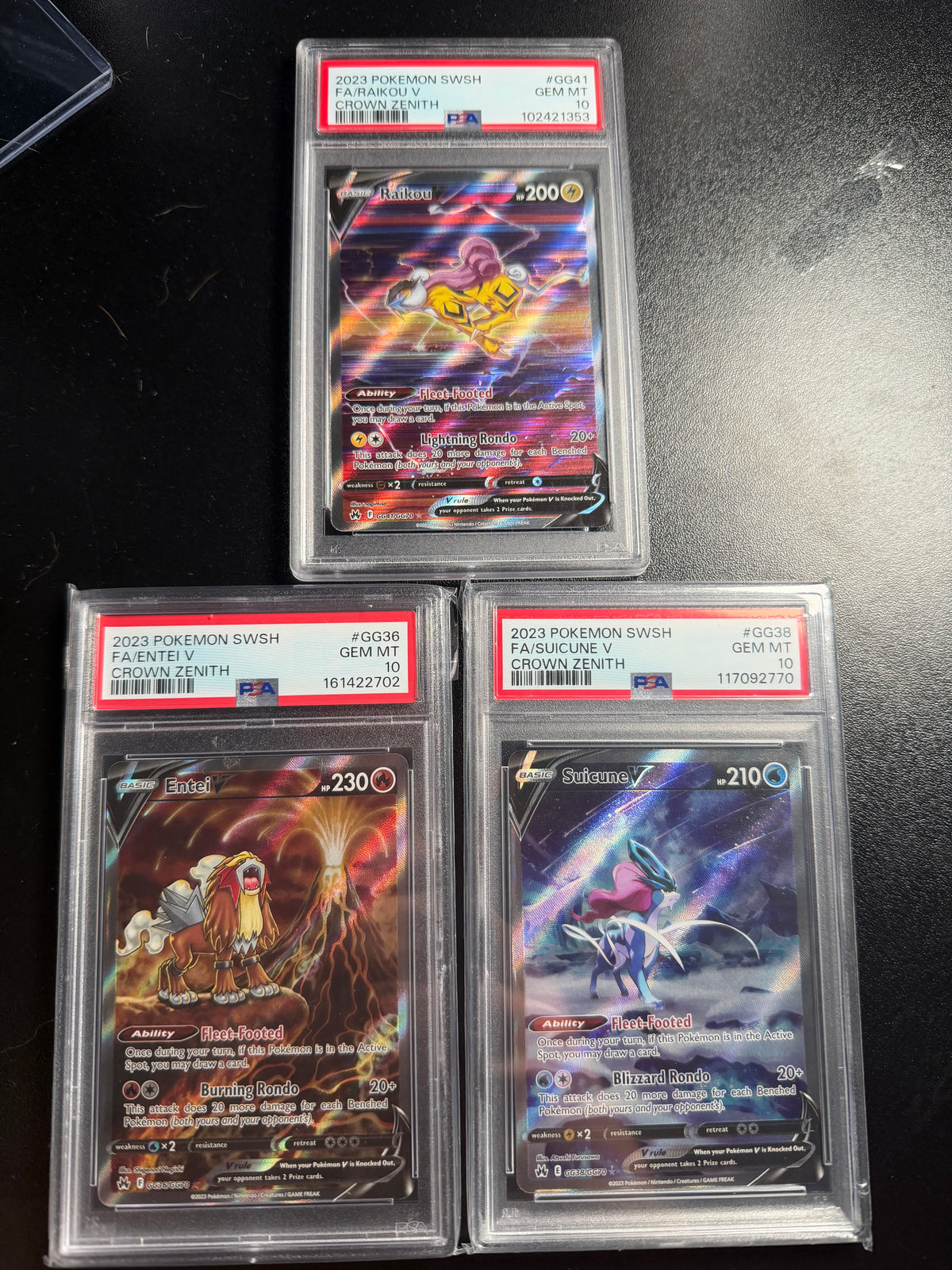 Pokémon Crown Zenith Legendary Beasts – Raikou V, Entei V & Suicune V PSA 10 Set