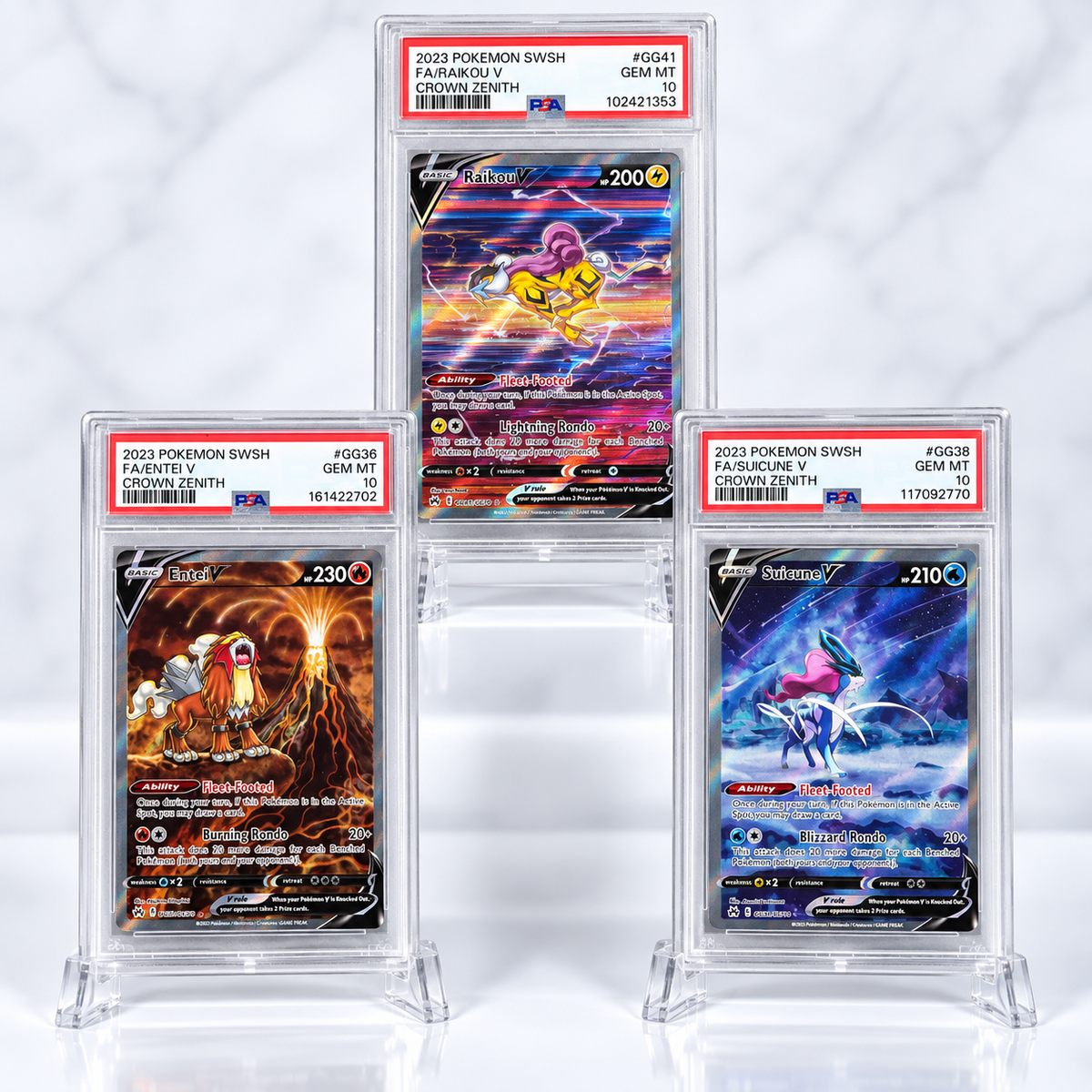 Pokémon Crown Zenith Legendary Beasts – Raikou V, Entei V & Suicune V PSA 10 Set