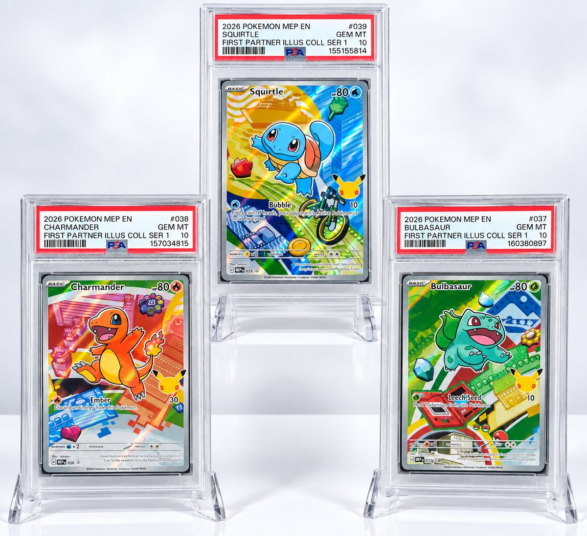 Pokémon 30th Anniversary First Partner Set Bulbasaur, Charmander & Squirtle PSA 10